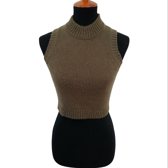 Nasty Gal Tops - Nasty Gal Cropped Sweater Vest Olive Green Size Small Sleeveless Knit Mock Neck